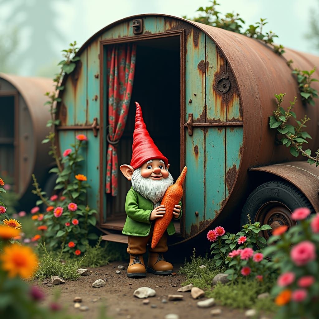 Garden Gnome in Junkyard Caravan: Impressionistic Matte Pain...