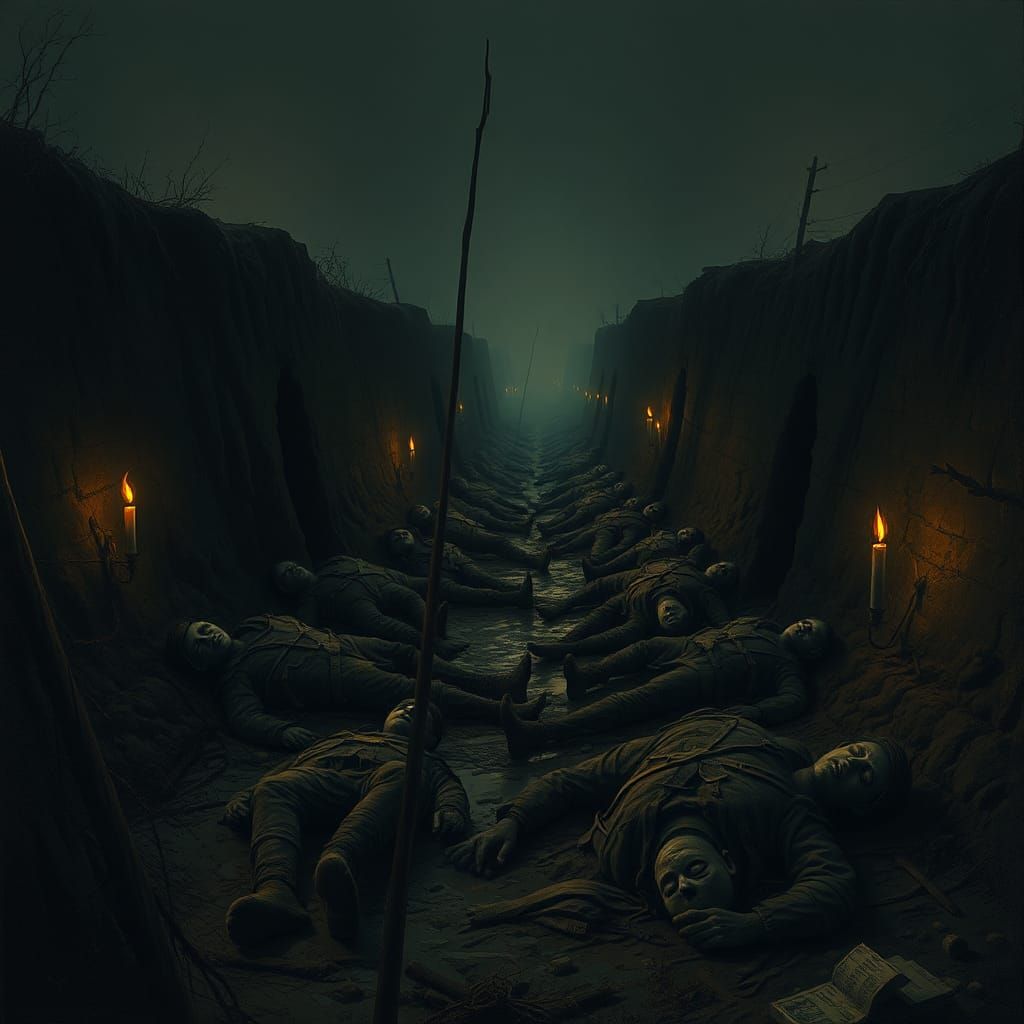 Bleak WW1 Trench Landscape in Dark Etching Style