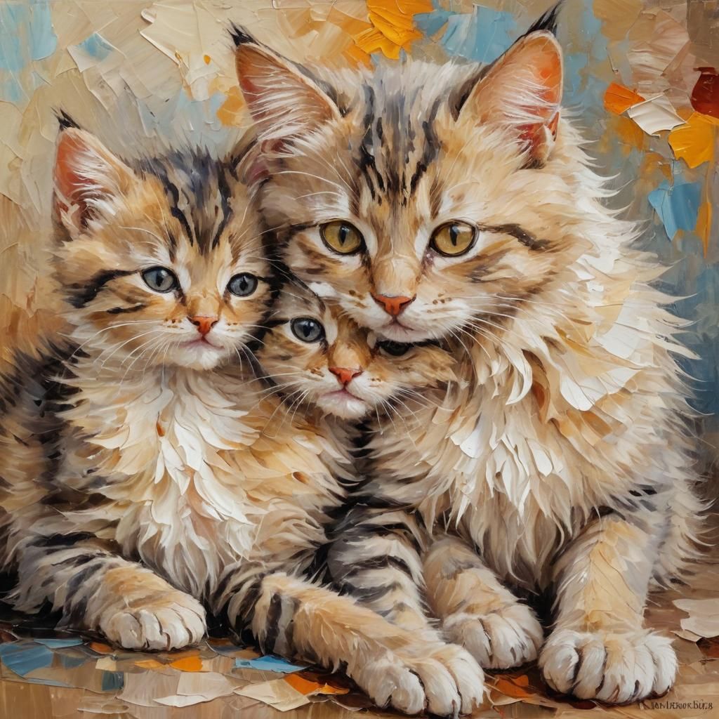 Mother Cat and Kittens: An Impasto Oil Painting