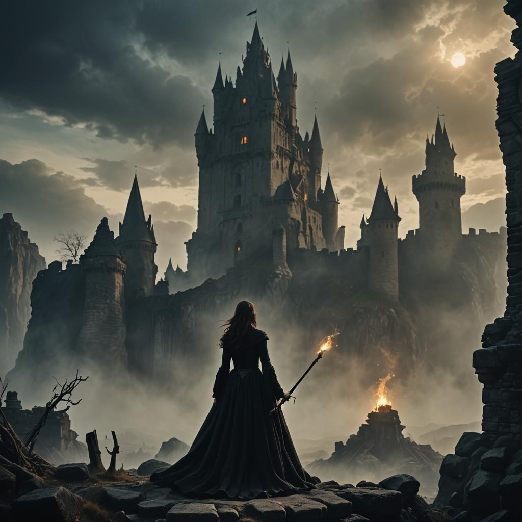 Mystical Sorceress on Ruined Castle in Gothic Style