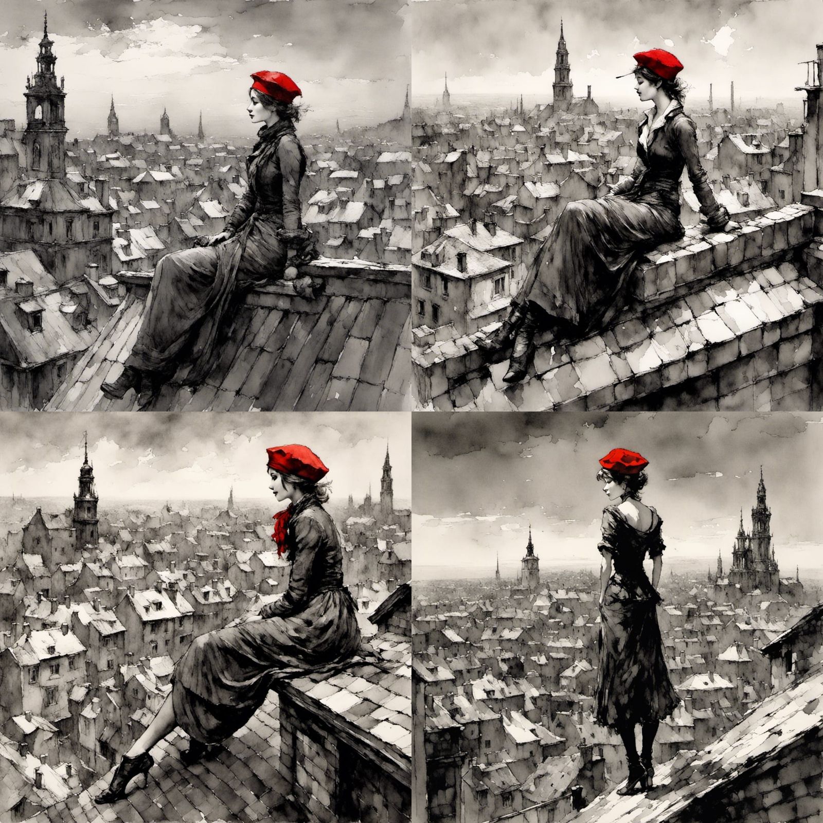 Woman with Beret Overlooking Town in Black and White