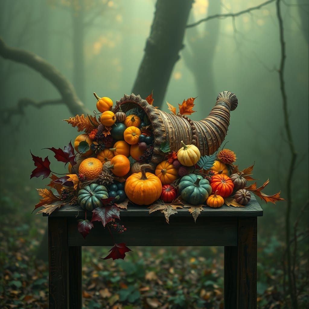 Cornucopia on Foggy Autumn Morning, Hyperrealistic Painting