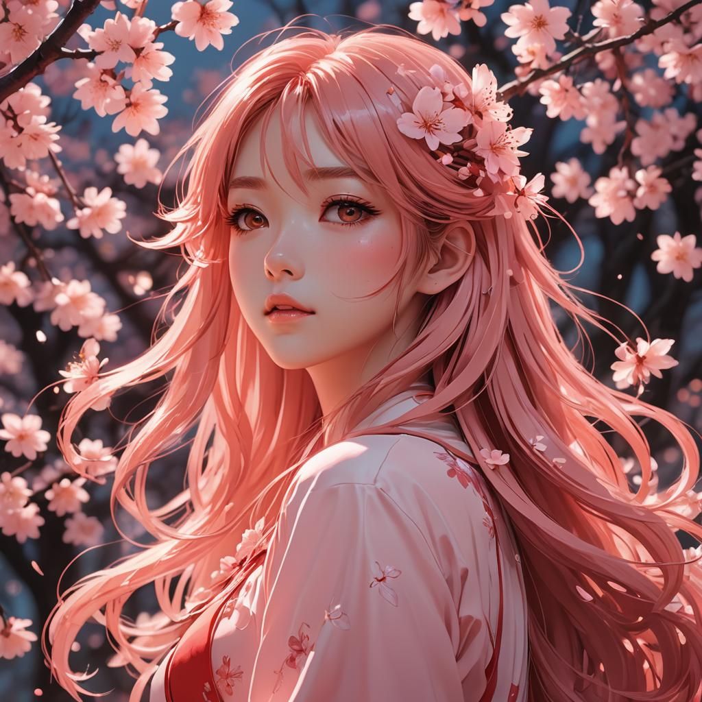 Anime Girl in Light Red with Cherry Blossoms