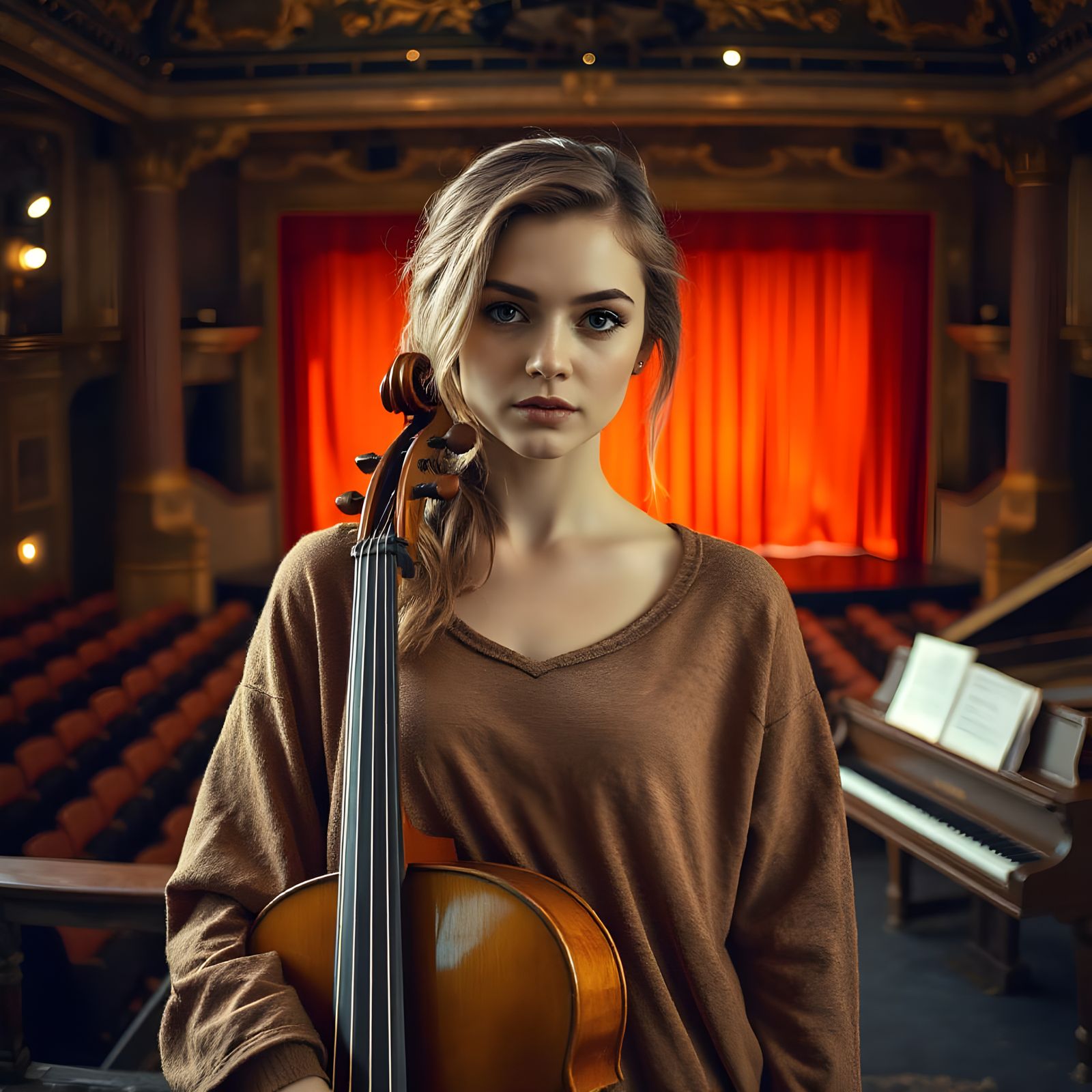 Serenity on the Stage: A Beautiful Woman in a Vintage Theate...