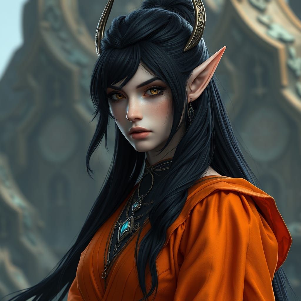 High Elf in Orange Dress Fantasy Concept Art