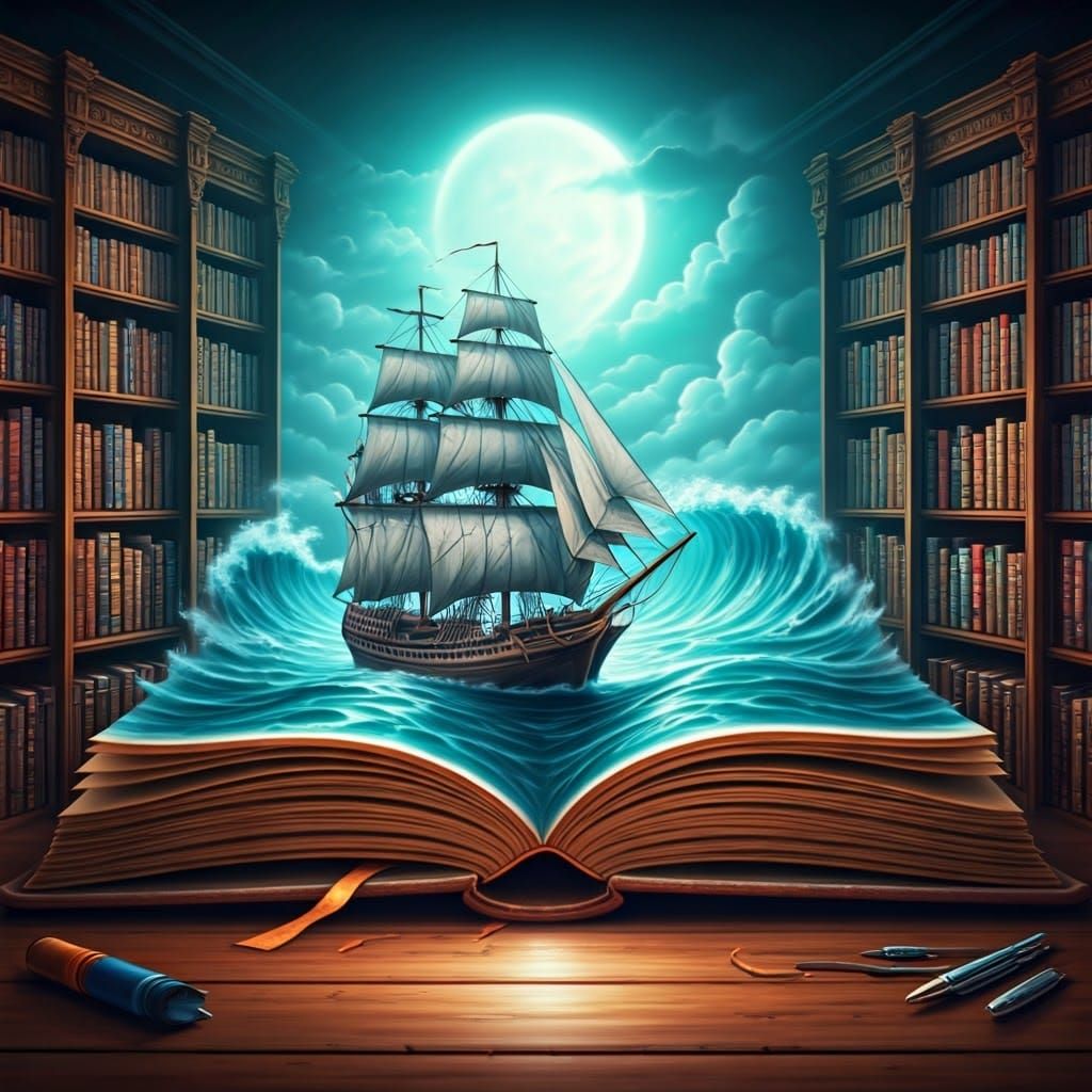 Realistic Fantasy Ship Sails Through Open Book in Library Se...