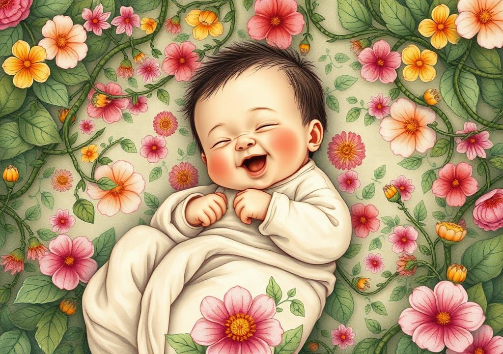 Whimsical Garden Scene with a Joyful, Chubby Baby