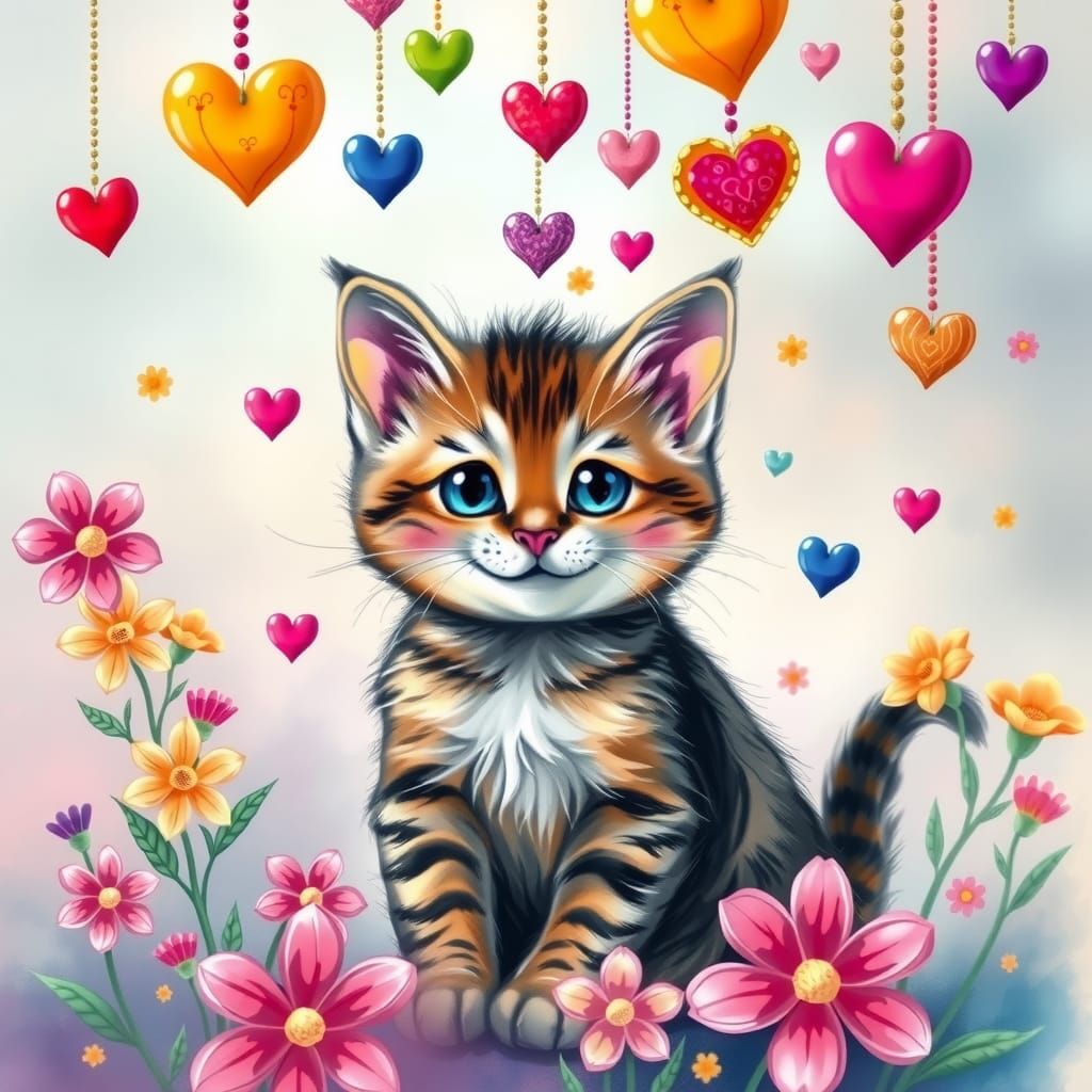 Whimsical Kitten Charcoal Sketch with Hearts and Flowers