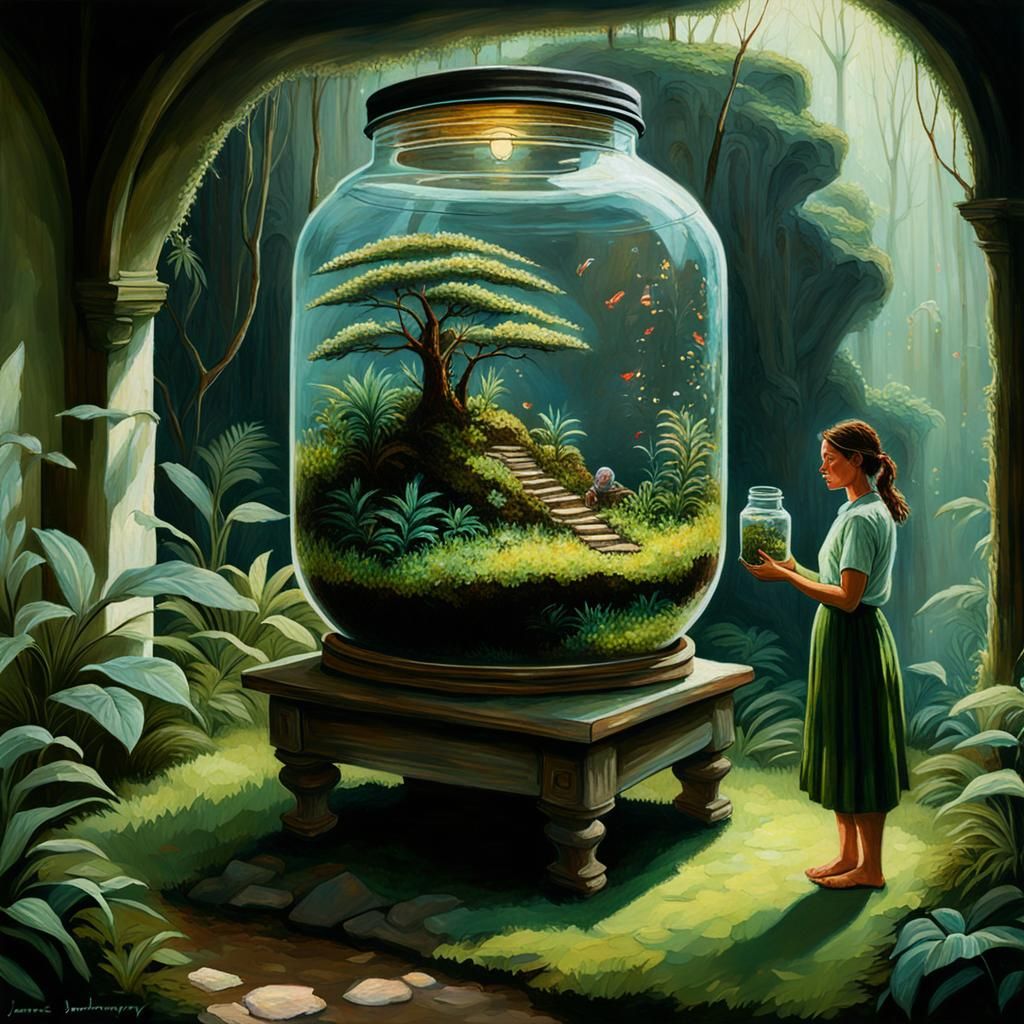 Terrarium World: An Oil Painting of Miniature Jungle