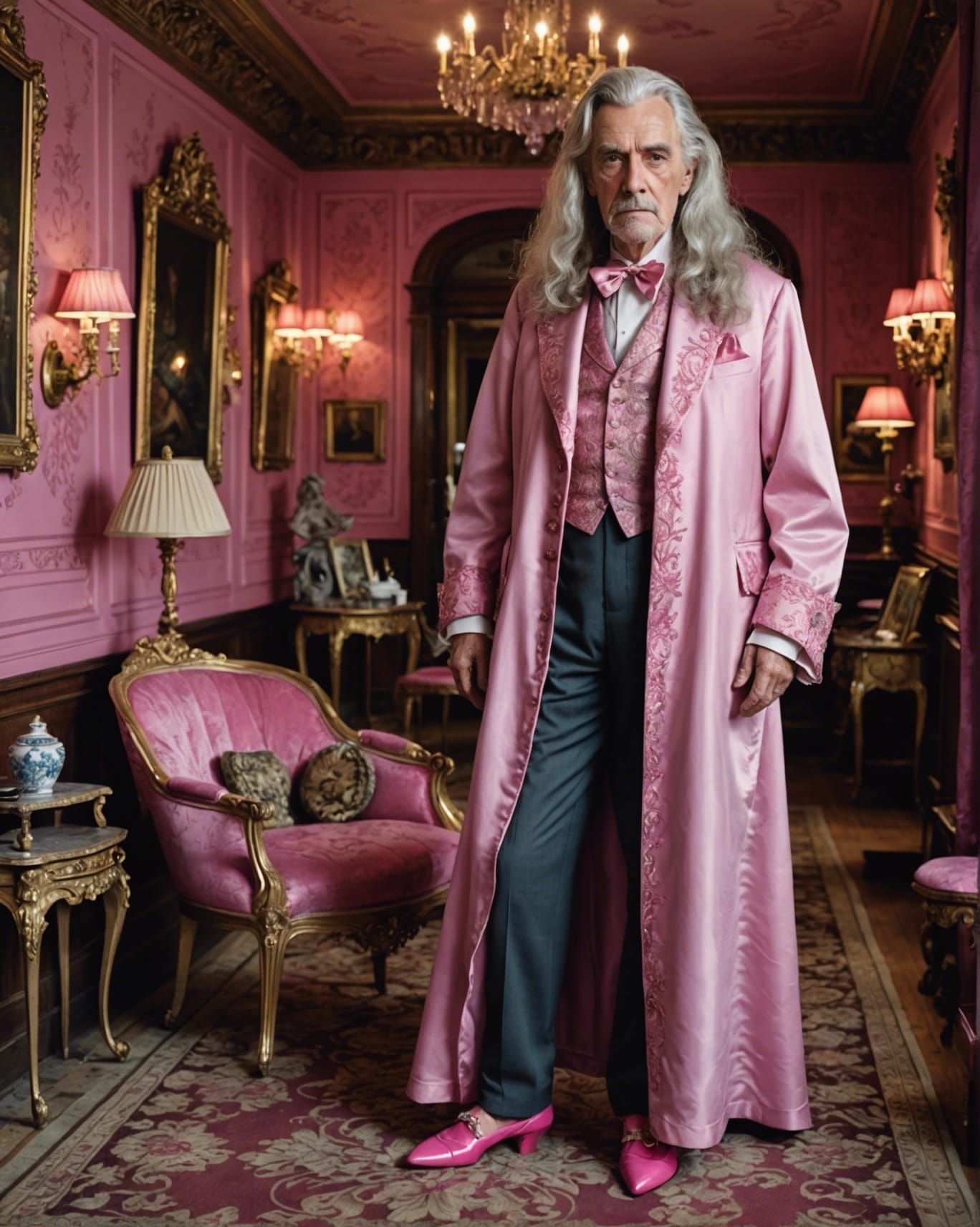 Elderly Man in Pink Ballgown in Ornate Parlor