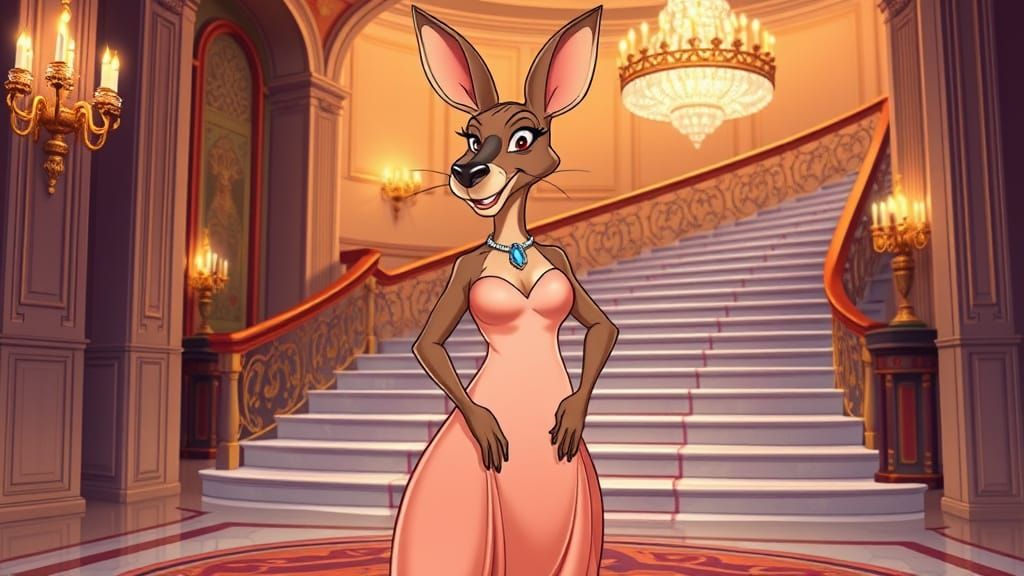 Glamorous Cartoon Kangaroo in Evening Gown