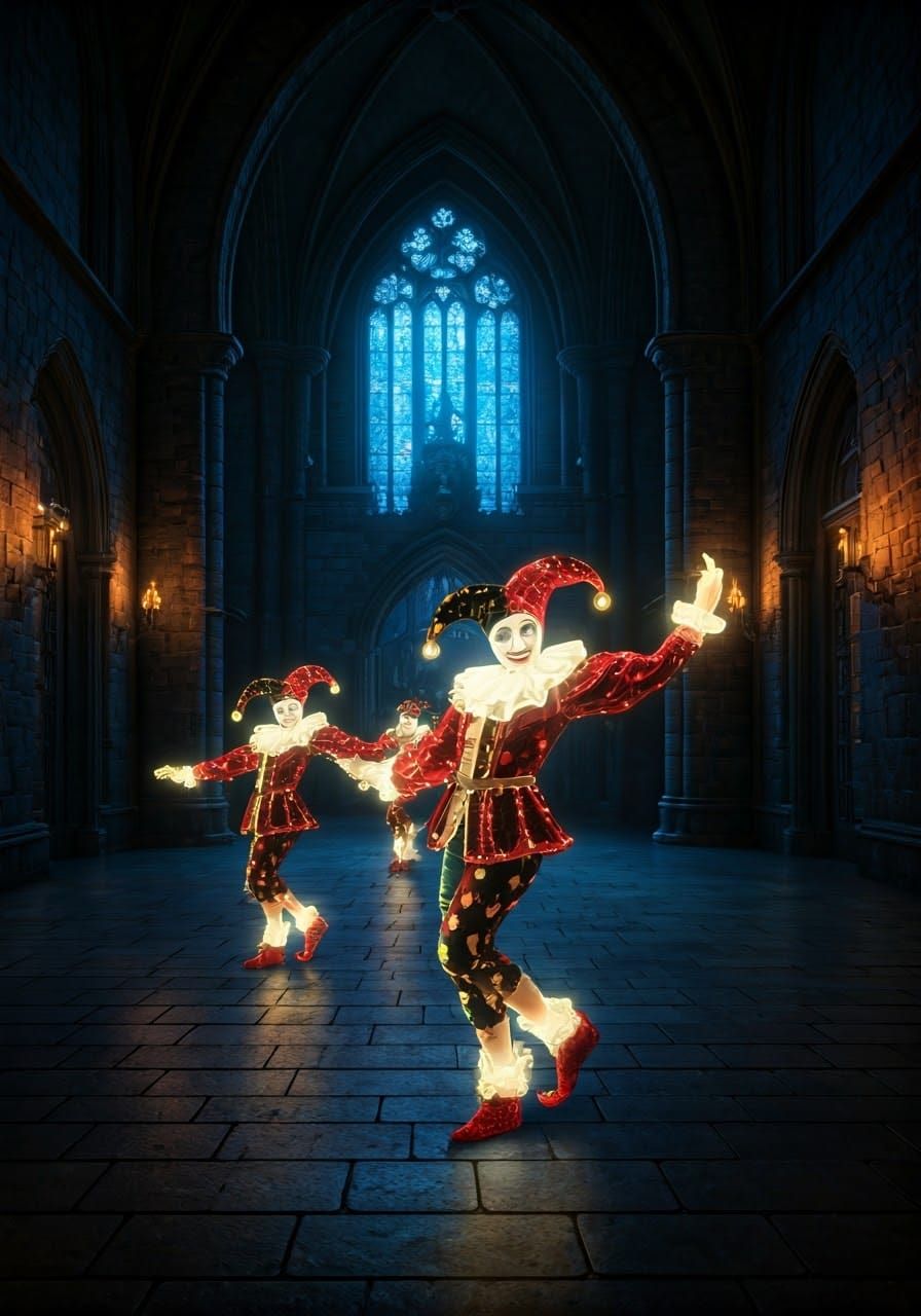 Glowing Jesters Dance in Dark Castle Ballroom