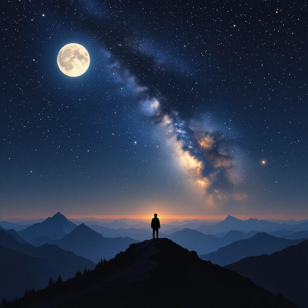 Figure Gazes at Starry Night Sky from Mountain Peak