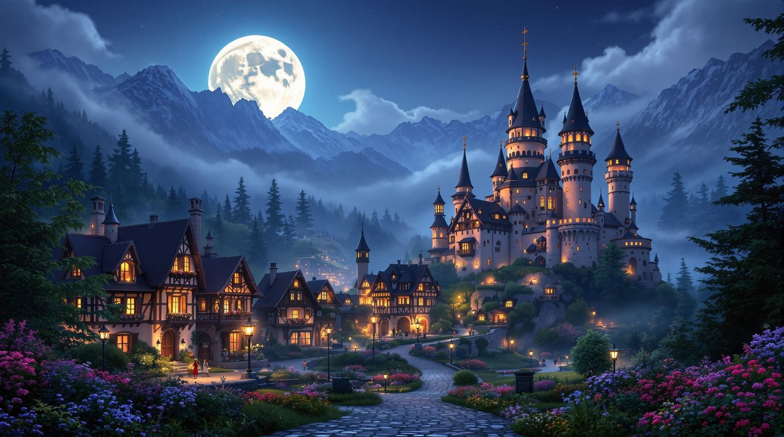Enchanting Bavarian Castle and Village at Night