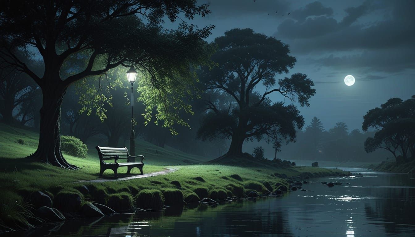 Tranquil Park Bench Under Ethereal Moonlight