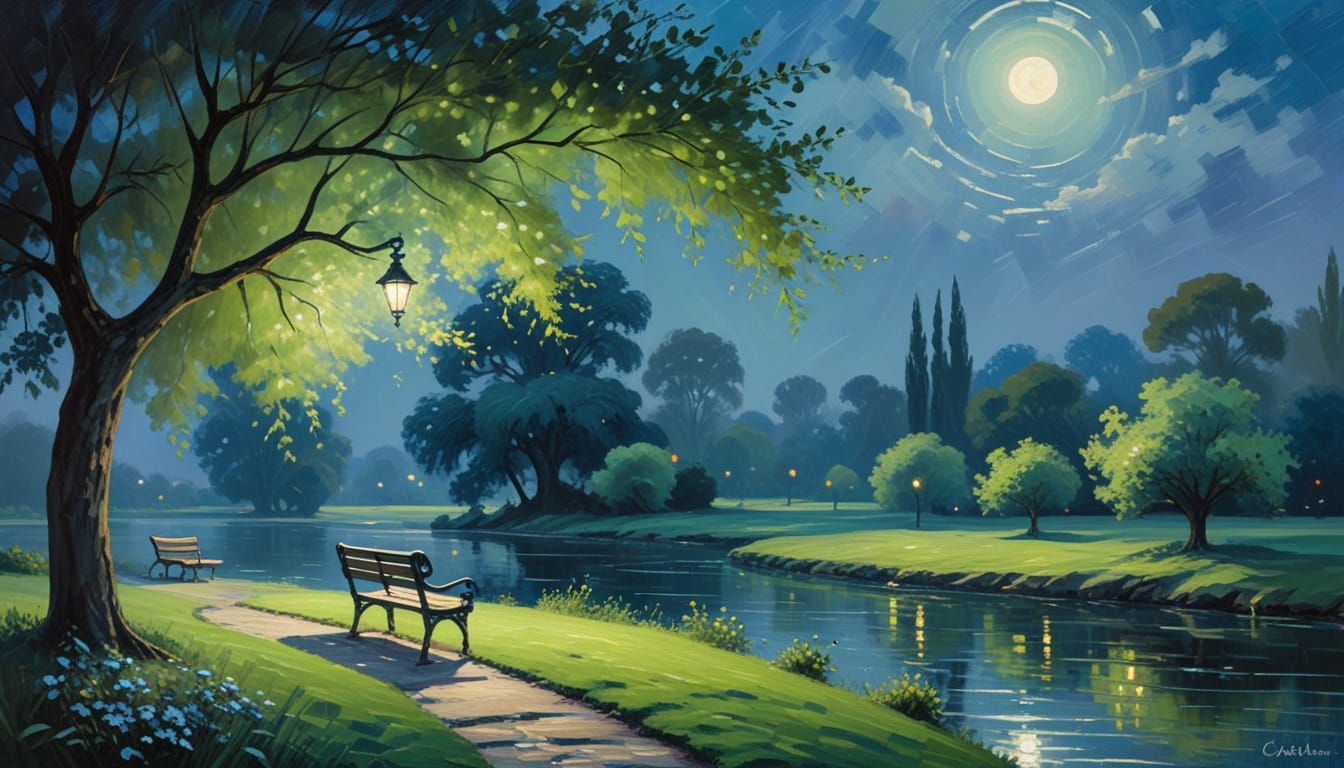 Impressionist Garden Island Under Blue Moon