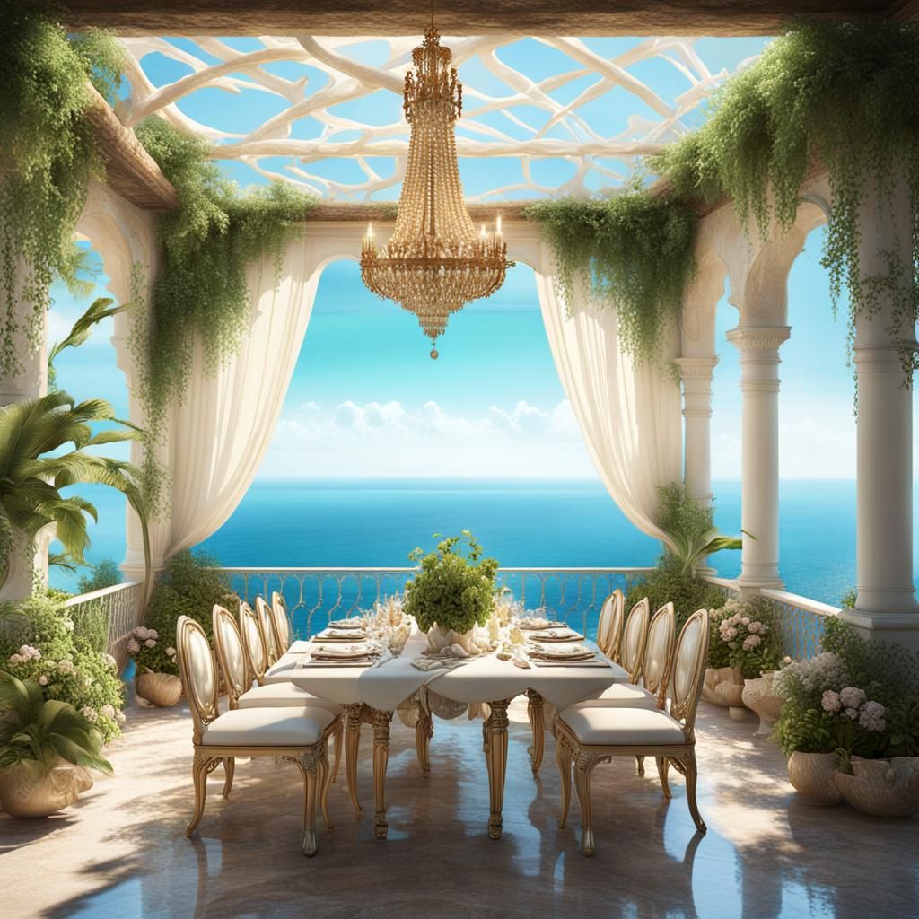 Mediterranean Veranda with Sea View, Digital Painting