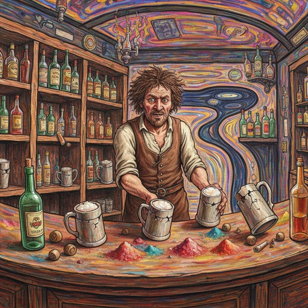 Medieval Bartender in Expressionist Style Tavern