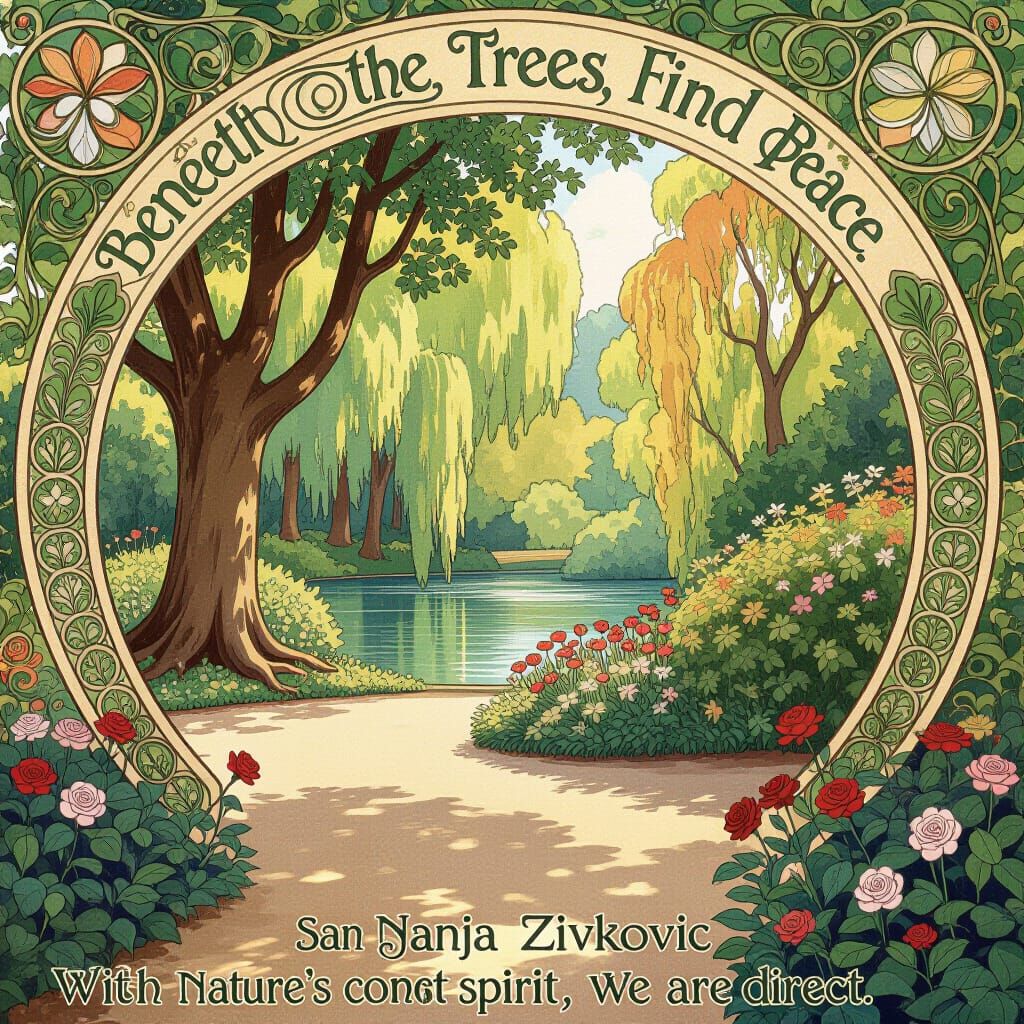 Art Nouveau Garden Scene with Tranquil Forest