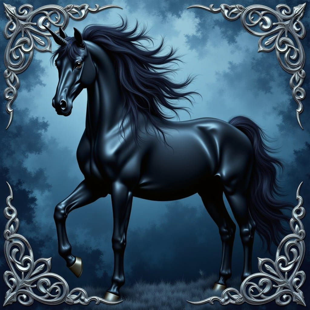 Mythical Black Unicorn in Slate Blue Decorative Scene