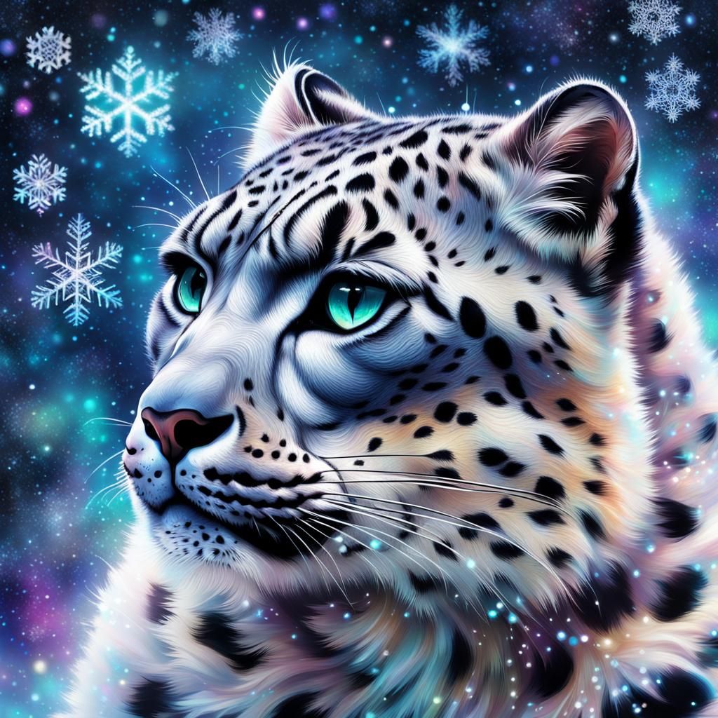 Snow Leopard in a Cosmic Snowscape