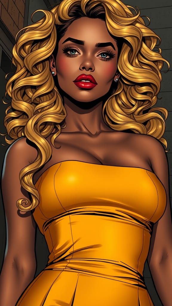 Curvaceous Beauty in Gold Dress, Comic Book Art