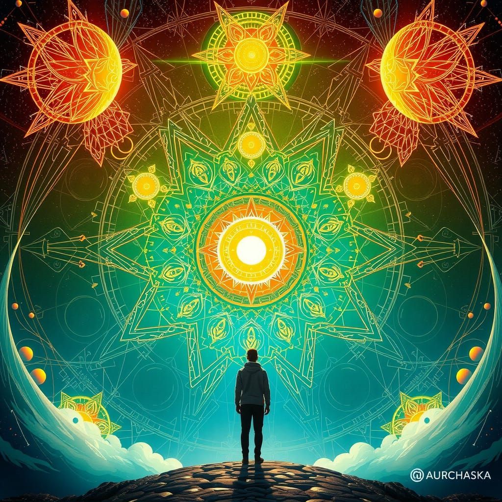 Surreal Architect Confronts Quantum Bloom in Cosmic Tapestry