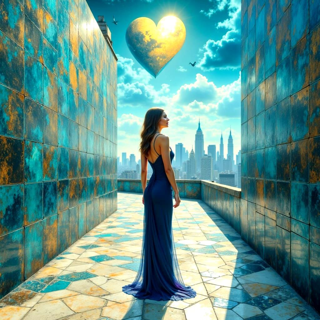 Woman on Path to City in Inky Painting Style