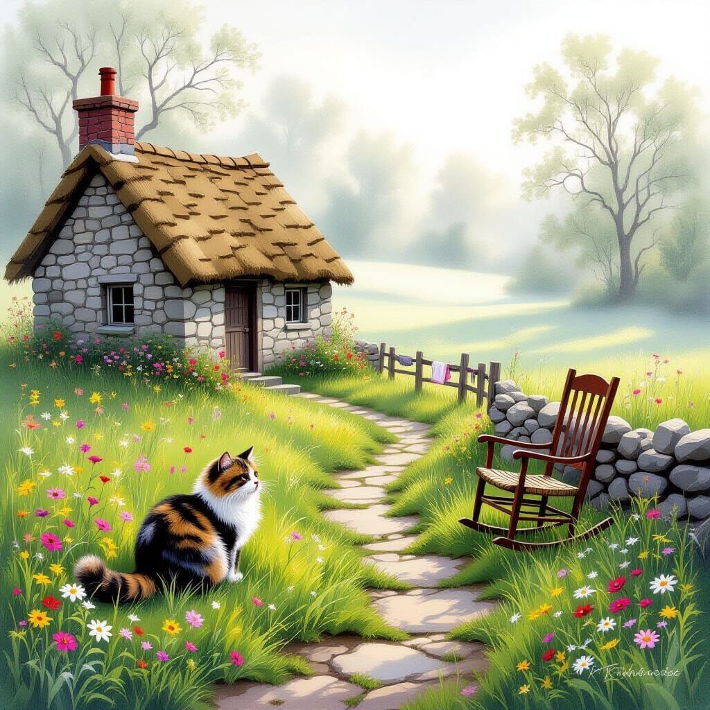 Dreamy Watercolor Bothy with Tabby Cat