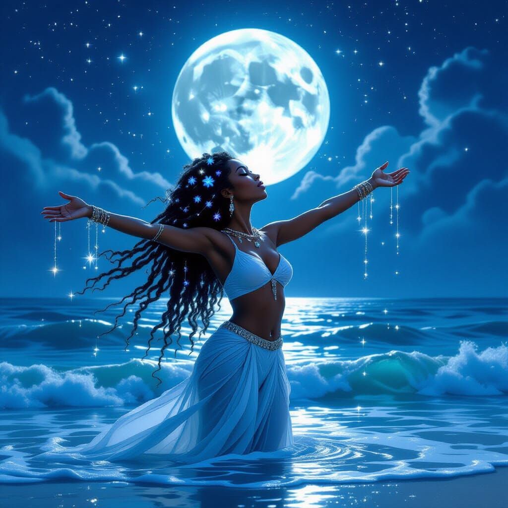 Goddess in Moonlit Ocean: Ethereal Graffiti Art