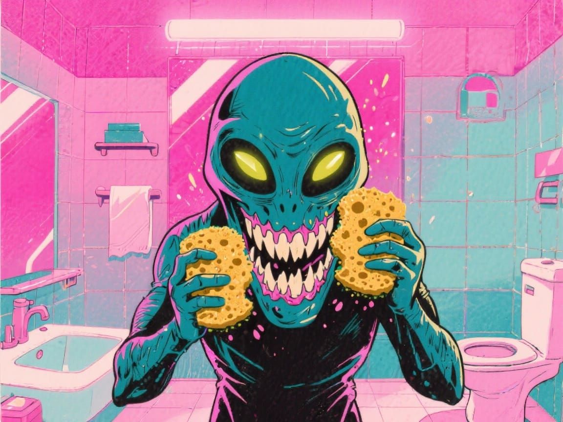 Retro Alien Monster Album Art in Pink Neon Bathroom