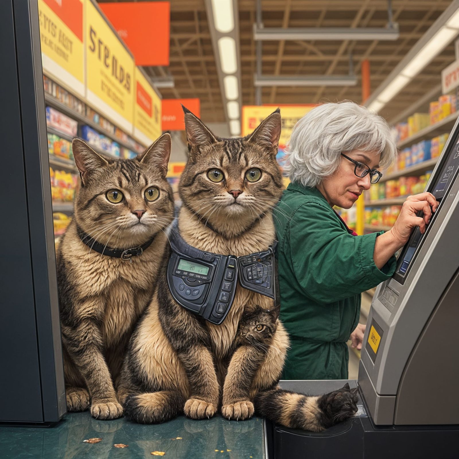 Cats Supervise Self Checkout Area in Supermarket