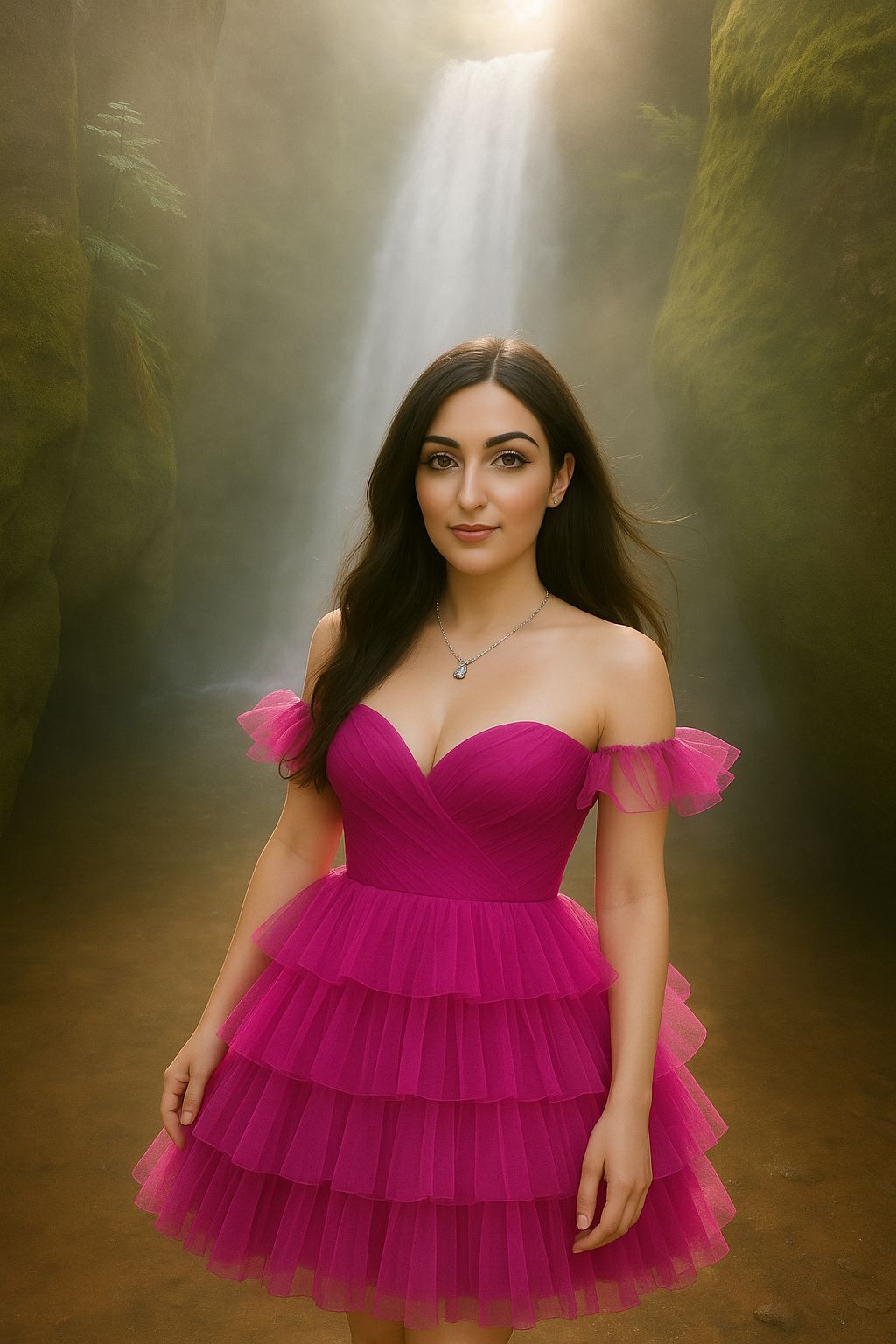 Young Woman in Vibrant Pink Gown Stands Before Majestic Wate...