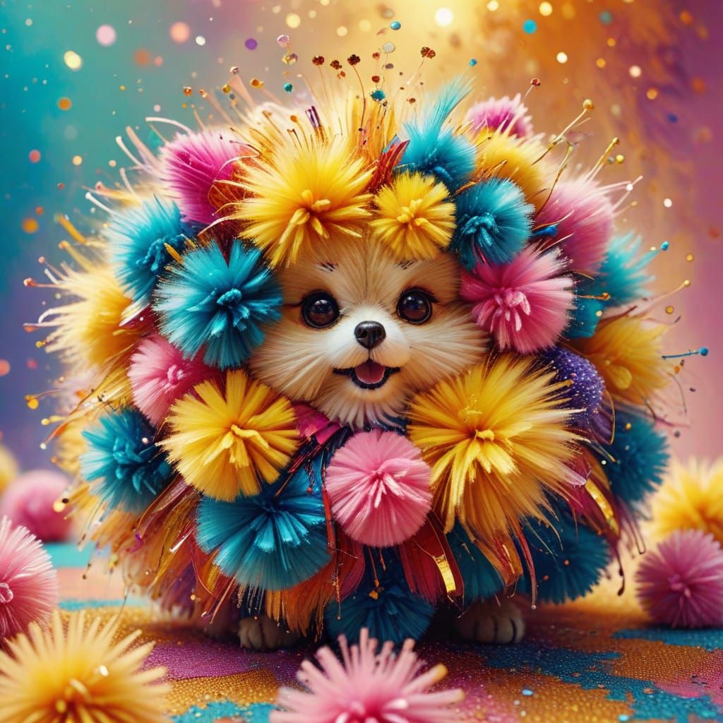 Playful Pom Pom Character in Abstract Expressionist Style