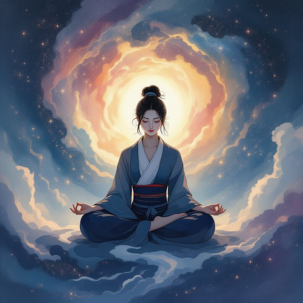 Ethereal Being Meditating in Swirling Galaxy