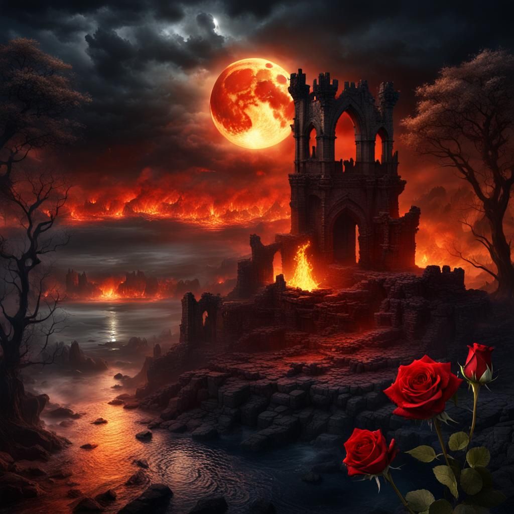 Inferno Landscape: Medieval Ruin in Moonlight