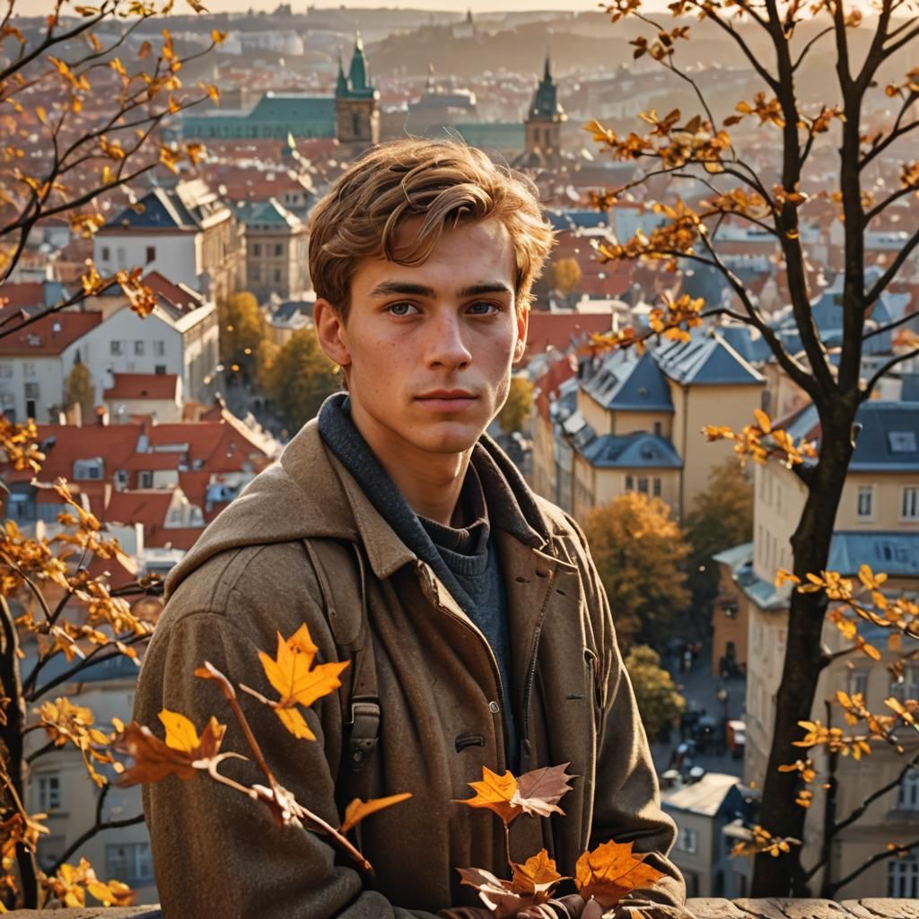 Hyper-Realistic Portrait of Young Man Overlooking Prague