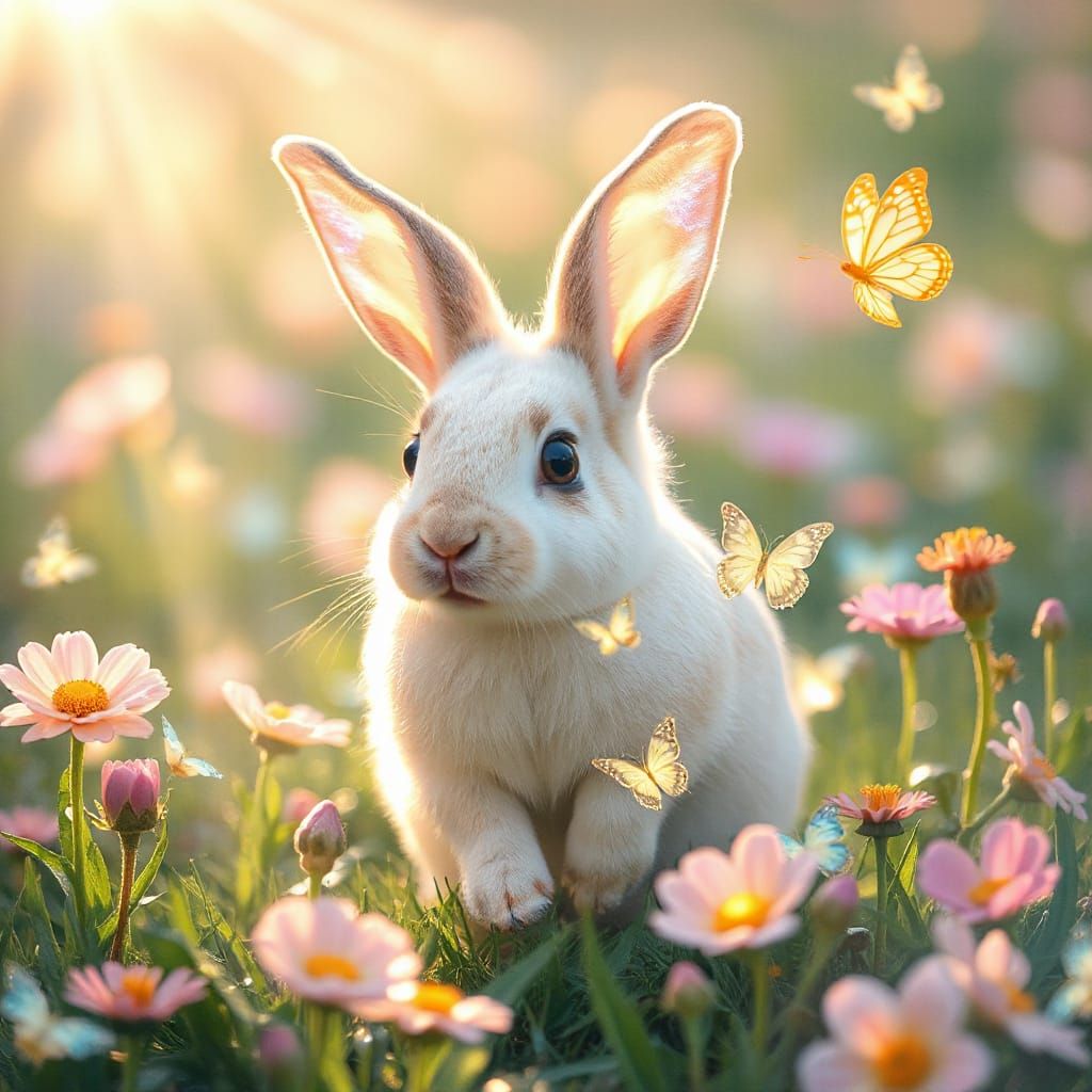 Shimmering Rabbit in Enchanted Meadow with Watercolor Ears