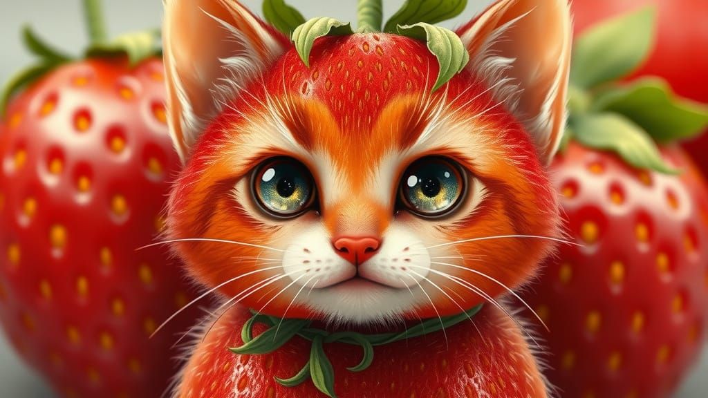 Chubby Strawberry Kitten with Whimsical Strawberry Texture