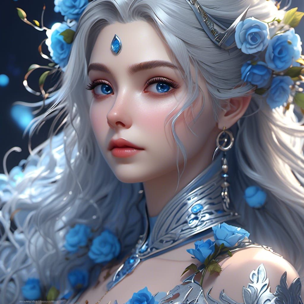 Silver and Blue Anime Enchantress in 3D