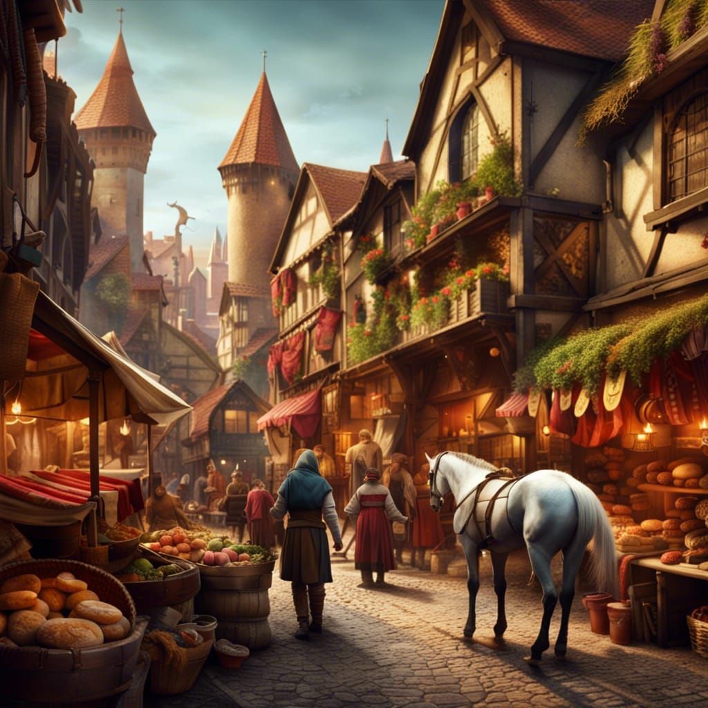 Colorful Medieval Market in Detailed Matte Painting