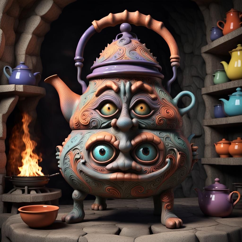 An eccentric clay pottery masterpiece: a kettle shaped like a mischievous creature