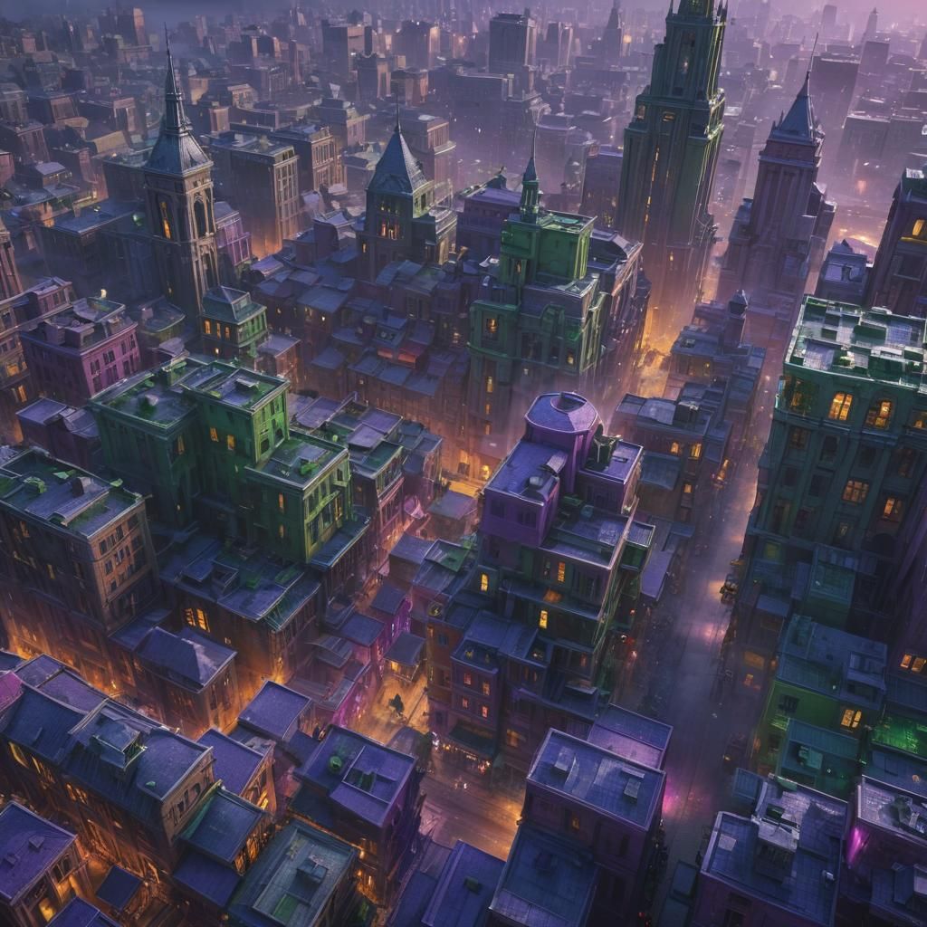 Dreamlike Metropolis with Melting Buildings in Digital Paint...