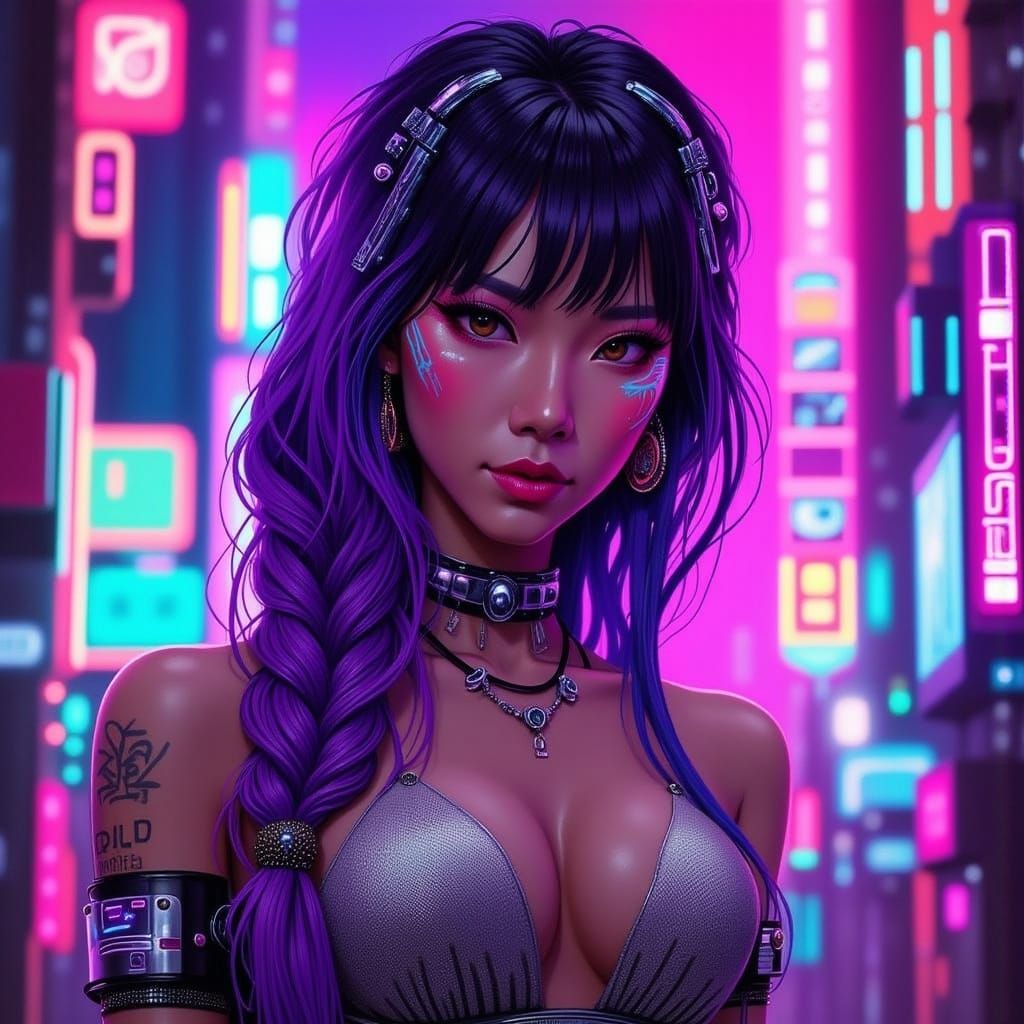Cyberpunk Woman in Neon Cityscape, Sin City Style