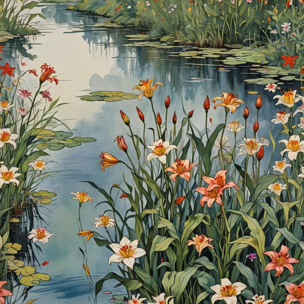 Flowers, lilies on a long stems swaying on the wind by the s...