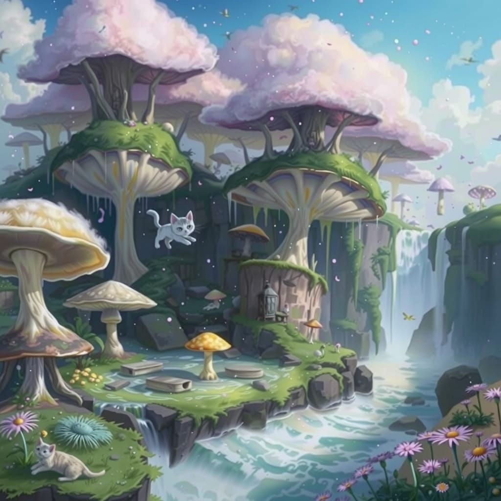 Dreamlike Surreal Sky with Floating Cats, Watercolor Style