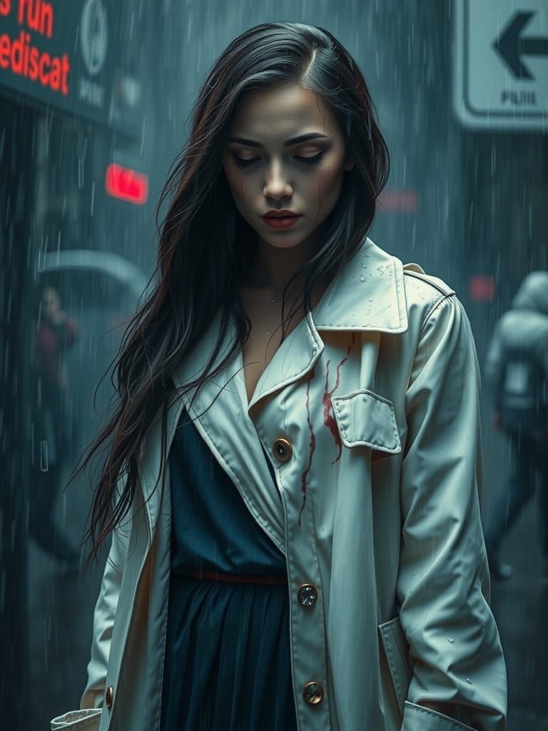 Sorrowful Woman in Torrential Downpour