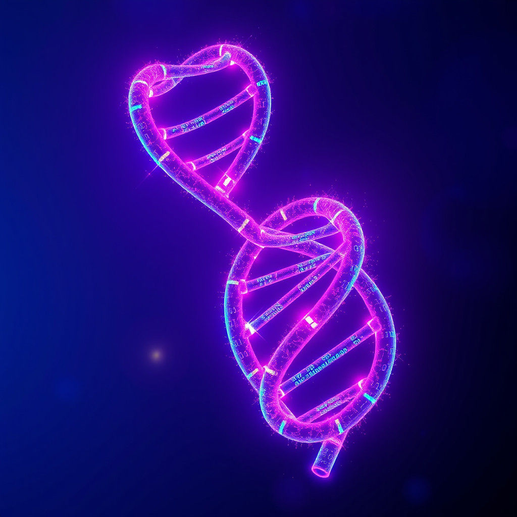 Futuristic DNA Helix of Neon Lights and Code
