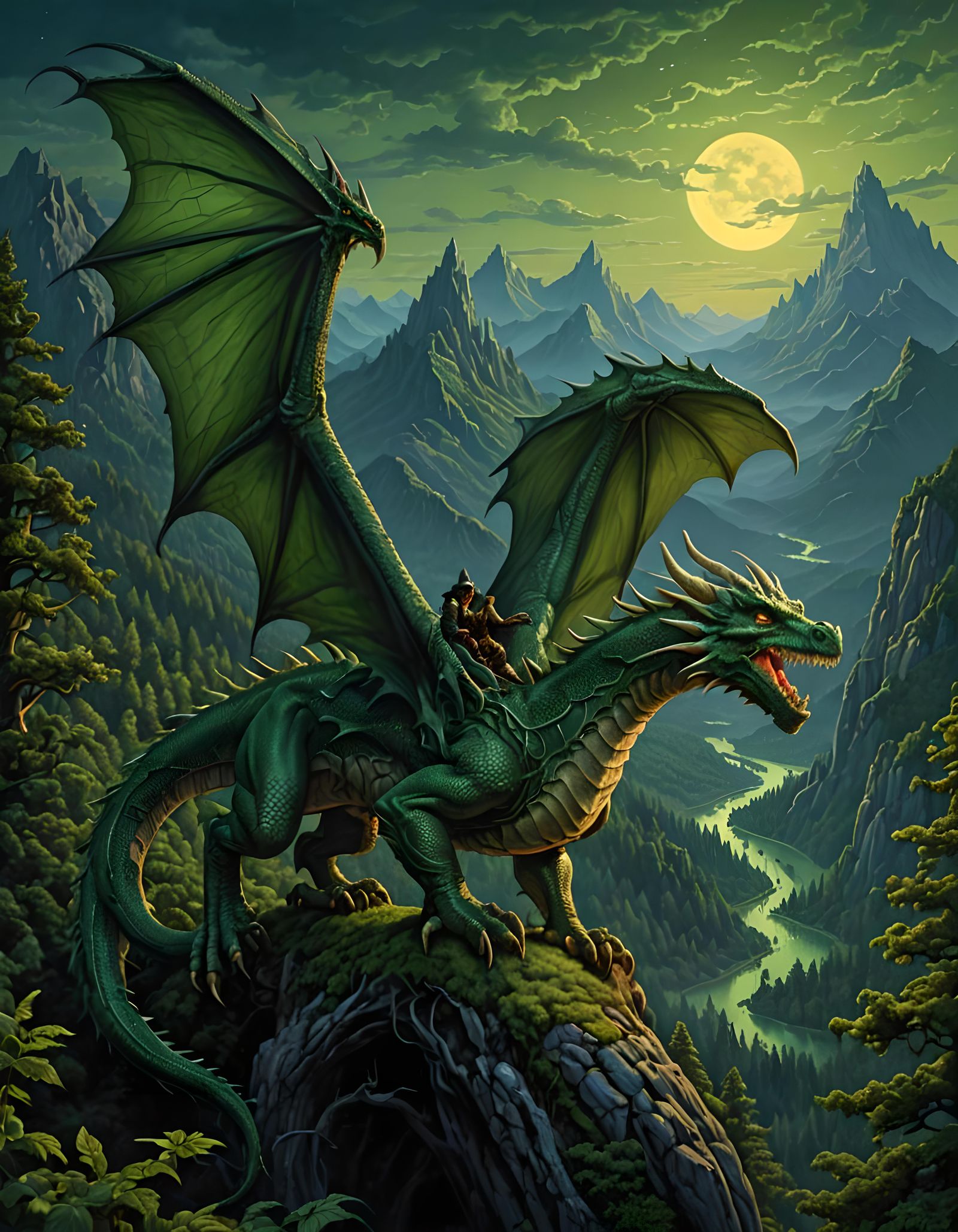 Green Dragon Rider Soaring Over Twilight Forest