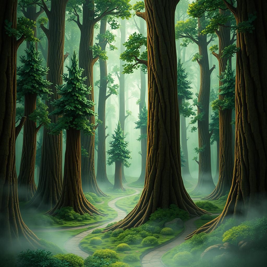 Stained Glass Puzzle Forest in Dreamlike Landscape